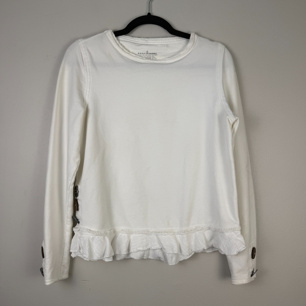 Neon Buddha Top Women's S White Buttons Detail Long Sleeve Ruffle Hem Crew Neck